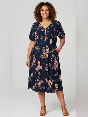 {J. Jill} Navy Blue Dolman Sleeve Floral V Neck pocket Midi Dress a-line